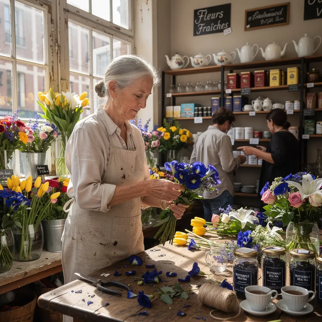 Tasse de thГ© bleu Г  la fleur de pois papillon, posГ©e sur une table en bois.