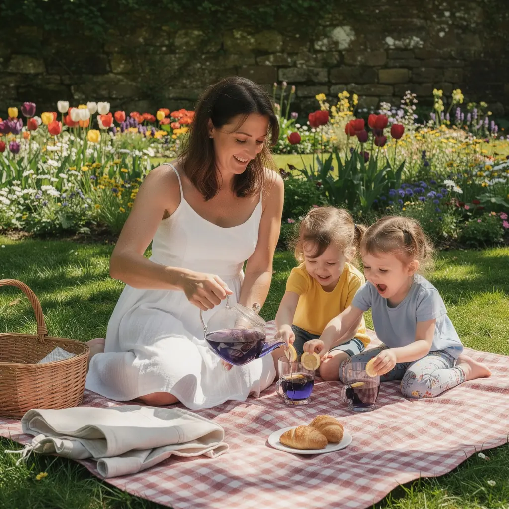 Plateau de service élégant avec des tasses de thé bleu, entouré de fleurs fraîches de pois papillon.