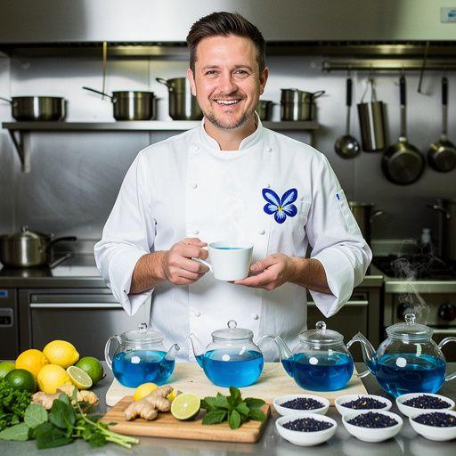 ThГ© bleu servi avec des tranches de citron et des feuilles de menthe.