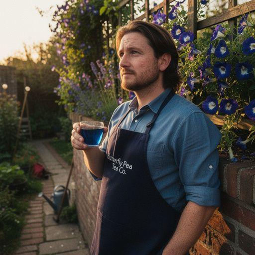 Illustration artistique d'une tasse de thГ© bleu entourГ©e de fleurs fraГ®ches.